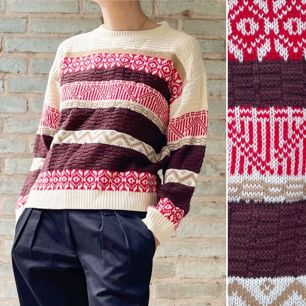 Vintage Striped Sweater 90s Red Cream Brown Knit Geometric Apres Ski Pullover M